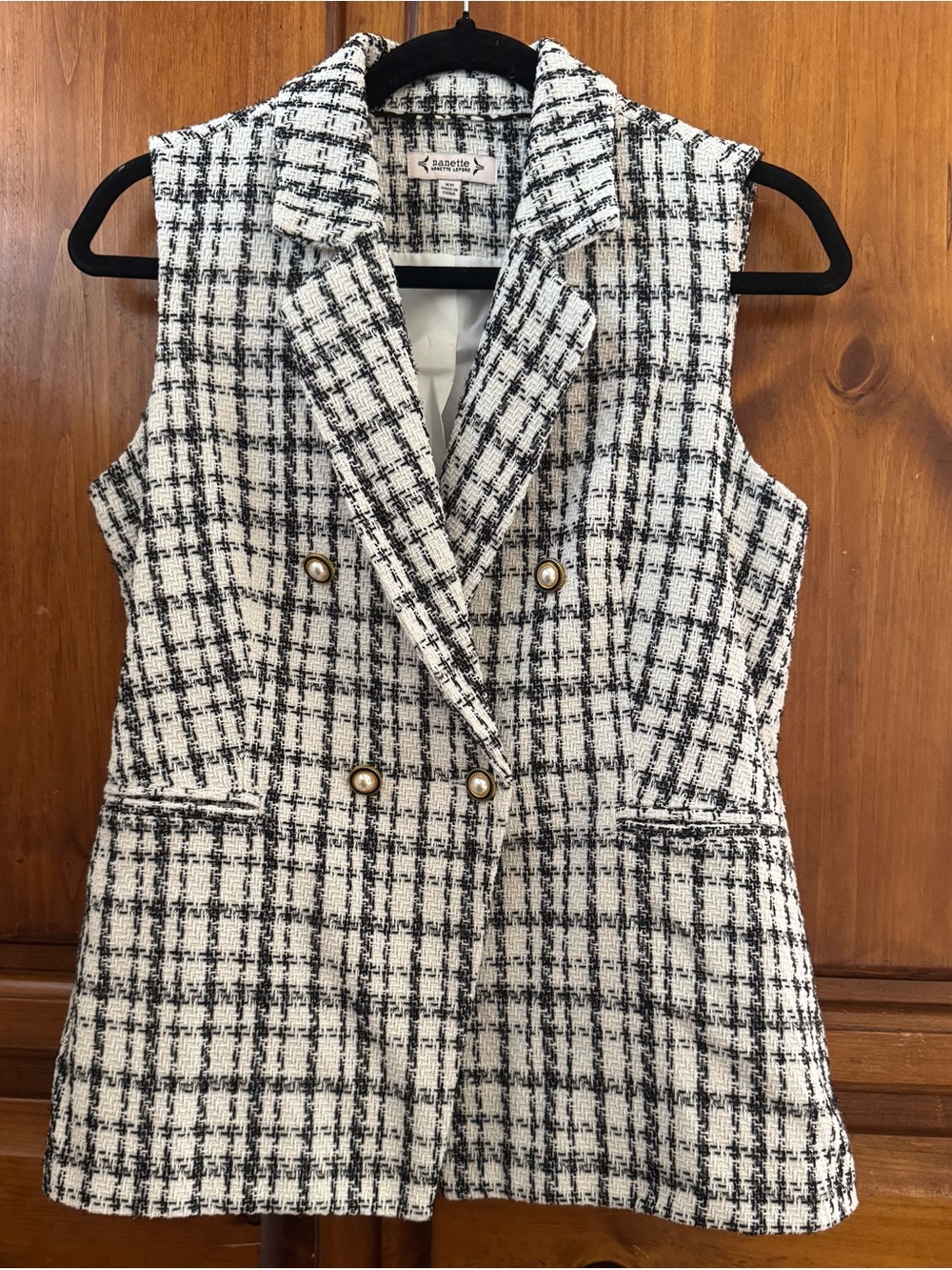Nanette Lepore Black & White Tweed Double-Breasted Sleeveless Vest